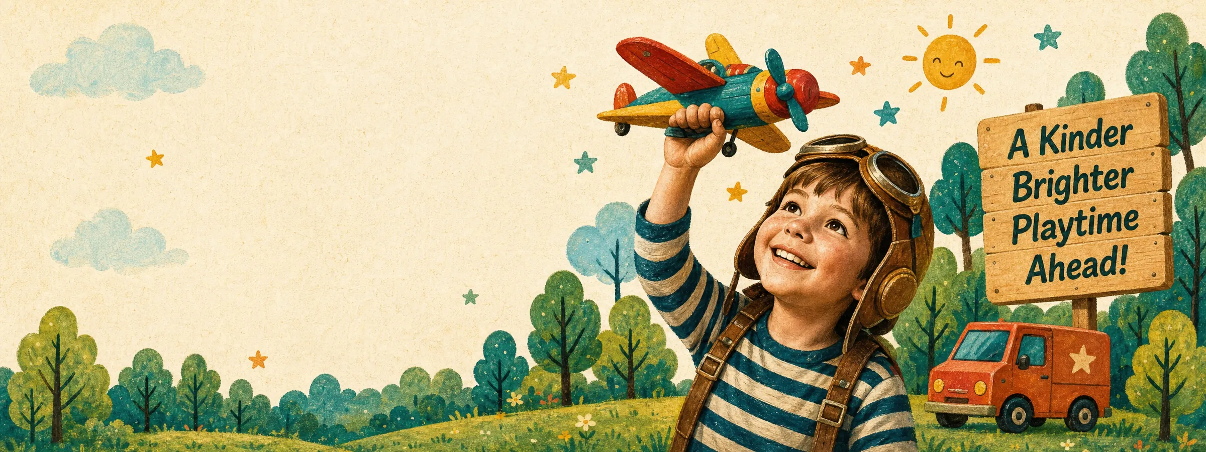 A smiling boy in an aviator cap flies a wooden toy plane beside a sign that reads 'A Kinder Brighter Playtime Ahead!'