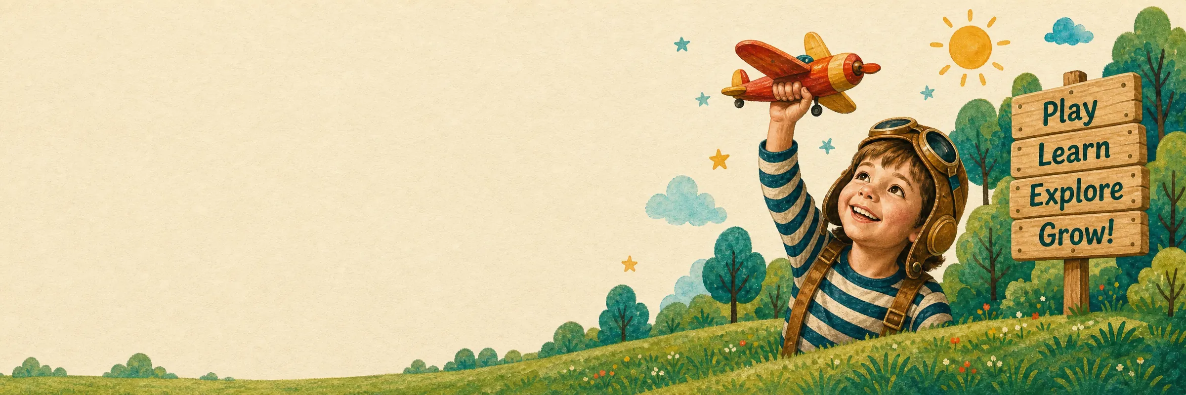 A happy boy flies a wooden toy plane beside a signpost reading Play, Learn, Explore, Grow