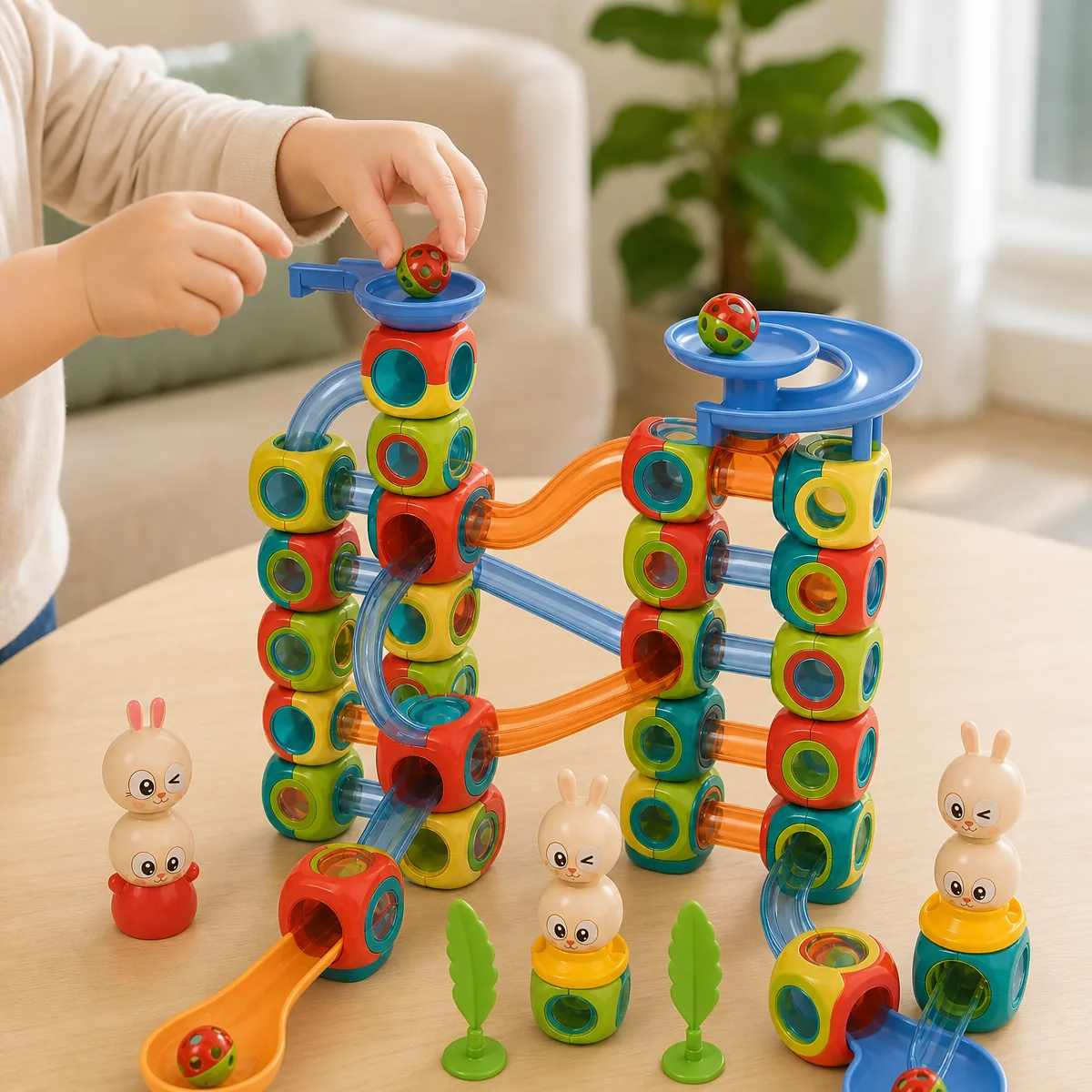 DIY Ball Track Building Blocks — Big Set — being played with